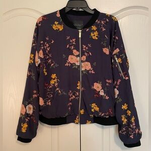 Sanctuary Blue Floral Bomber Jacket, Size Medium